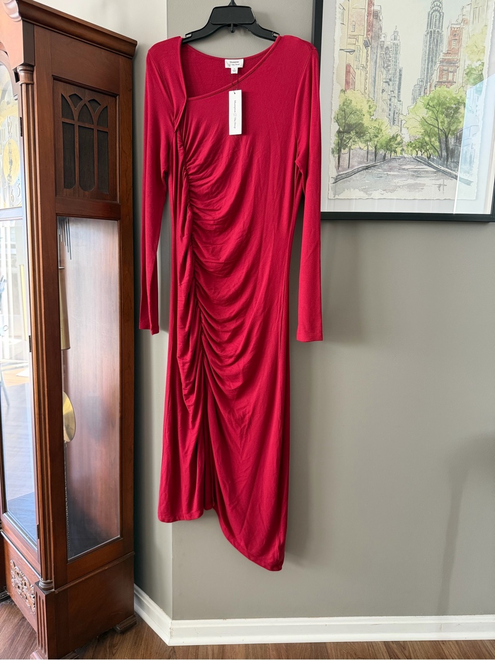 Long Sleeve Ruched Maxi Dress in Red - Contemporary Women's Wear. Medium